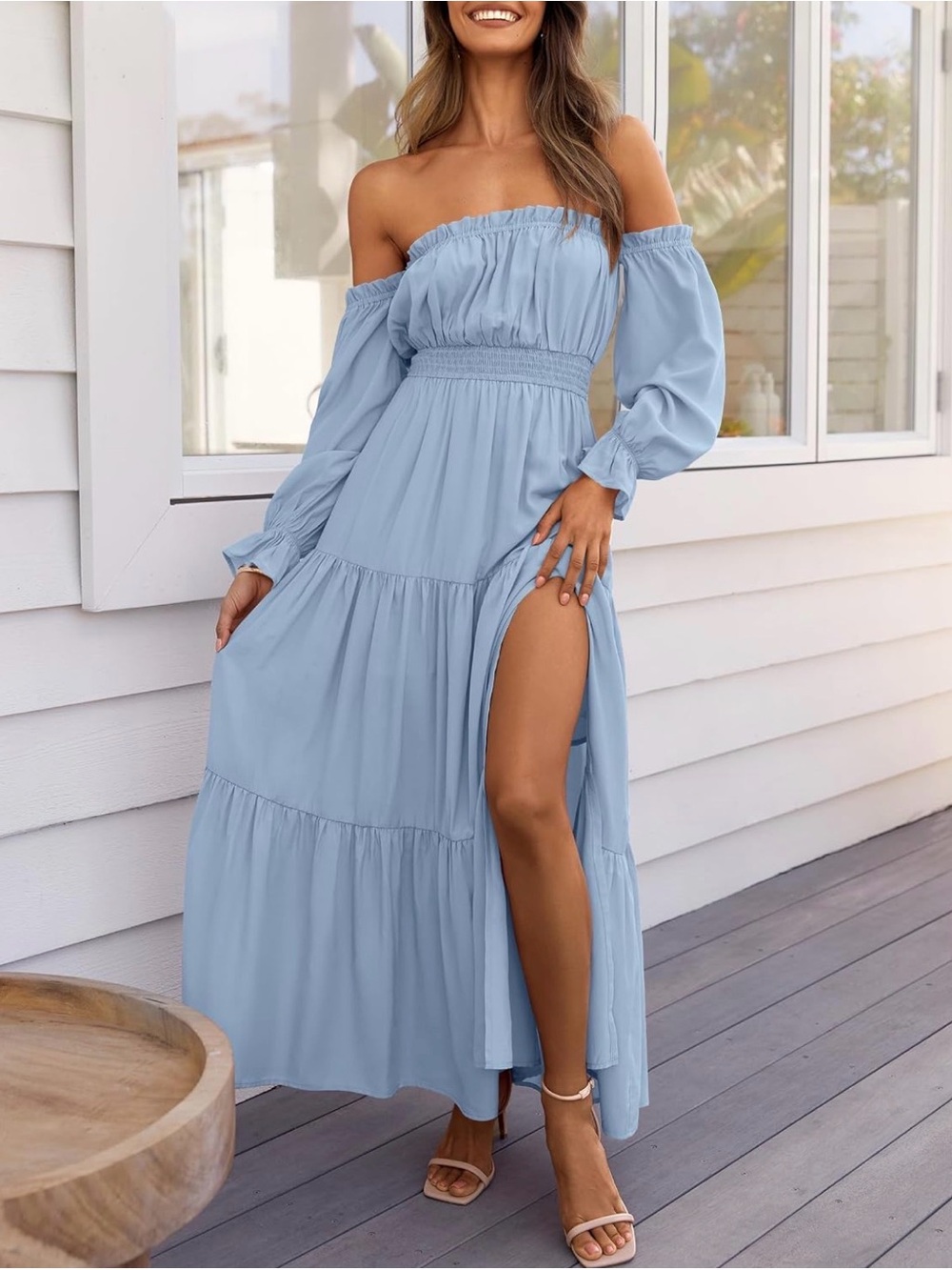 Off-Shoulder Light Blue Tiered Maxi Dress
